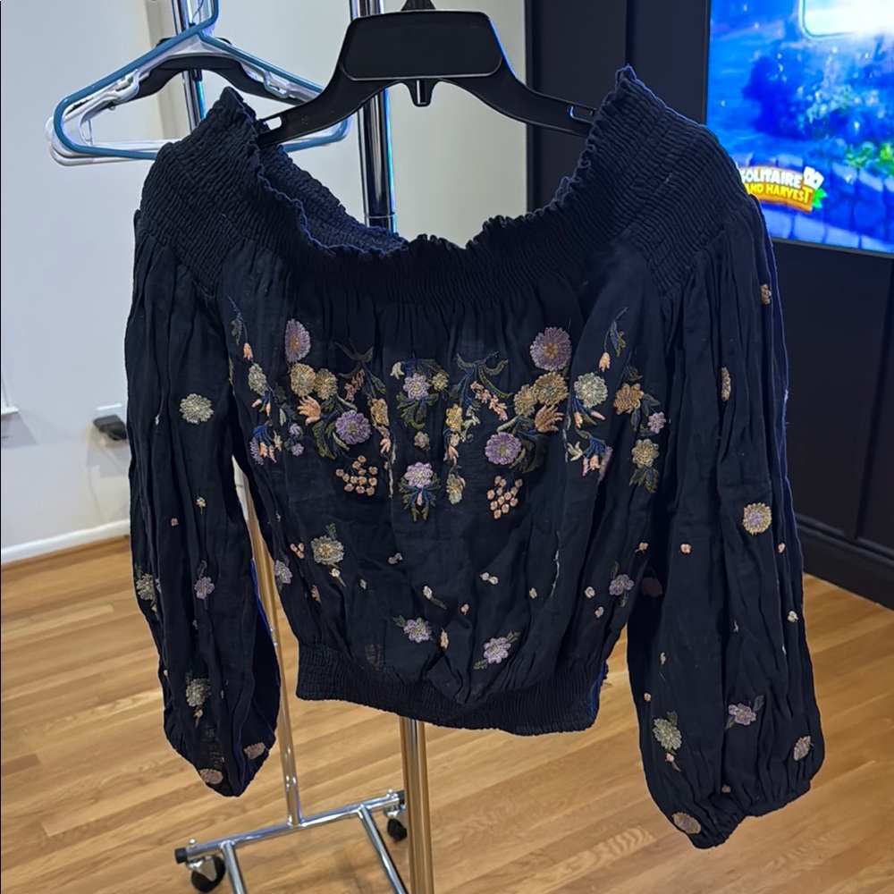 Free People Off the Shoulder Blue Ruched Top